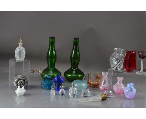 A collection of coloured glassware, including a Wedgewood tankard, an Italian scent bottle, and other items, thank you for lo