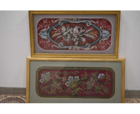 Two good quality 19th Century Victorian beadwork panels, now similarly framed and mounted, the largest 23 cm high by 56 cm wi