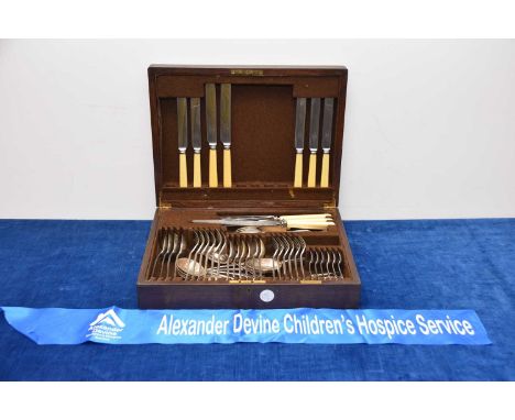 An Art Deco period silver plated canteen of cutlery from Mappin &amp; Webb, lacks knives, in wooden case, sold with additiona