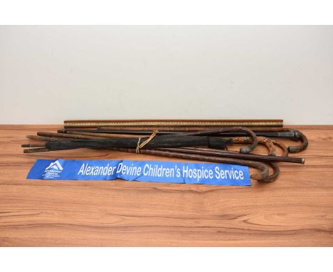 A collection of walking sticks and canes, and other items, including a damaged 9ct gold caped cane, another cane with silver 