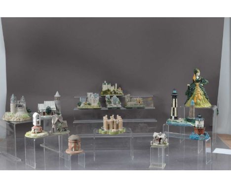 A collection of Lilliput Lane, Royal Doulton and Collectors Society including Warwick Castle, The Baltimore Lighthouse, Price
