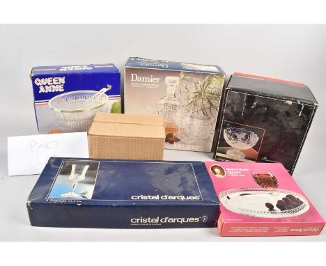 Two boxes of boxed glasses and other tableware, including a Luminarc decanter and tumbler whiskey set, wine glasses and more,