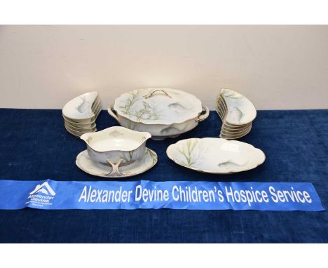 A Rosenthal porcelain fish serving set, including tureen, sauce boat, chipped, dish and demi lune dishes, thank you for looki