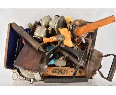 Box of assorted items including a vintage brass fishing reel, scientific items, tools and more, thank you for looking at this