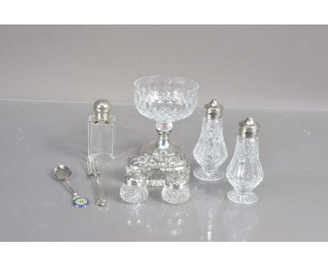 A small group of silver, silver, and silver plate mounted glass items, including a silver footed cut crystal bonbon dish, bin