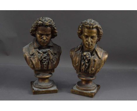 A pair of 'Lahregees' gilded terracotta busts of composers 'Mozart' and 'Beethoven', maker's mark to underside, Each approx. 