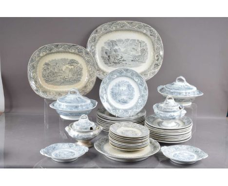 A 19th Century Antique Victorian Staffordshire transfer ware earthenware pottery dinner service in 'Rhine' pattern, consistin