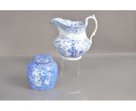 A Victorian Staffordshire "Florentine Opaque China" blue and white jug, together with an English blue and white pottery ginge