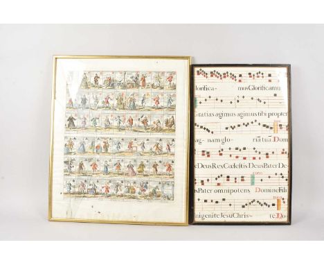 A print of 18th century Dutch playing cards and a hand drawn hymn, glass on print damaged, taken after April Kaart Kaartspel 