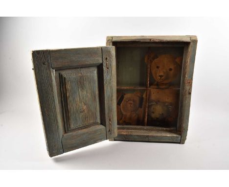 An interesting wooden painted cabinet opening to reveal painted Teddy Bears behind iron bars, AKA Teddy prison, thank you for