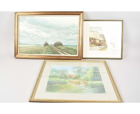 Three framed art works, including a watercolour of a river and landscape by Dickenson, a pastel by Parson and an oil on canva