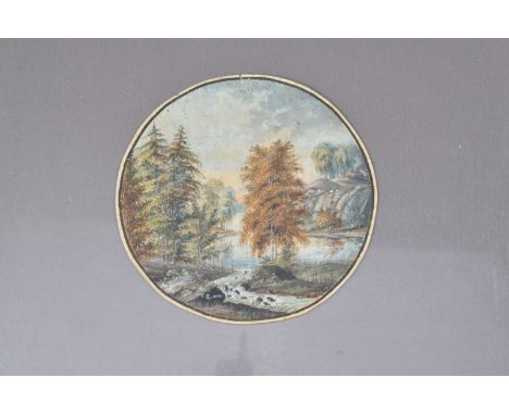 A tondo (round) European School watercolour dated 1804, depicting a river scene, signed with initials "E.L." and dated 1804 l