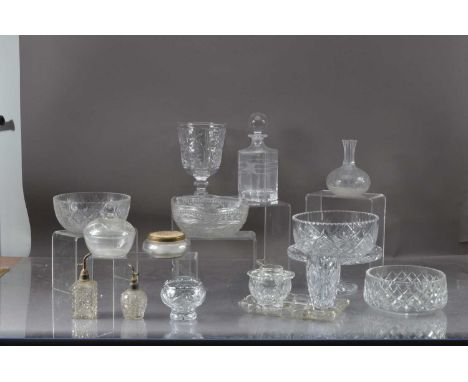 A collection of crystal items including 4 bowls, cake stand, 2 vases, whiskey decanter, 2 perfume atomisers, 1 glass, 1 tray,