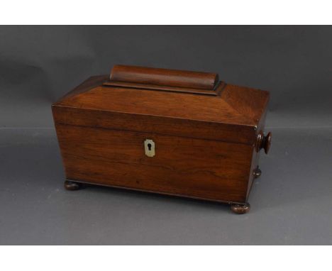 A Victorian rosewood tea caddy of casket shape, on bun feet with turned wood handles to sides, 31 cm wide, thank you for look