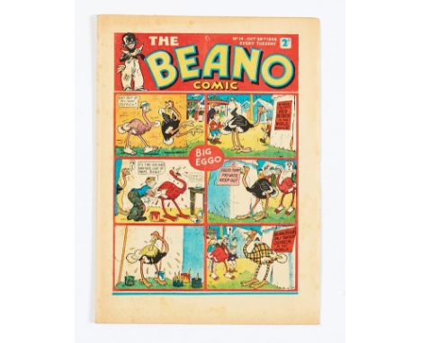 Beano No 14 (1938). Bright cover with one inch centre tear (underneath 'don't tickle'). Some light foxing to magins [vg+]