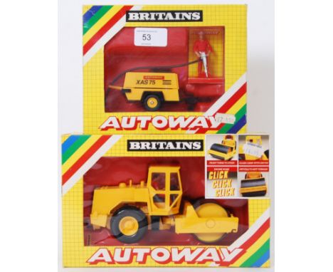 BRITAINS: 2x original vintage Britains Autoway diecast model sets; 9818 Road Roller and 9840 Compressor. Both mint, in origin