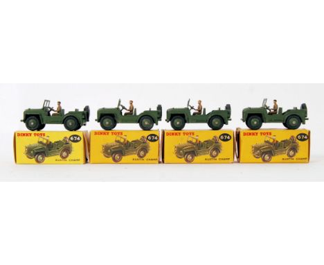 DINKY: A collection of 4x original vintage Dinky diecast model 674 Austin Champ military jeeps. All very near mint models, wi