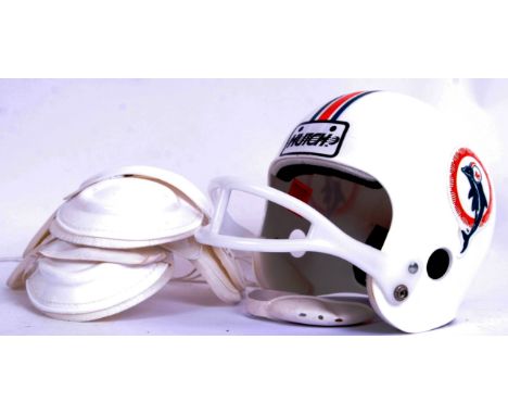 MIAMI DOLPHINS: A vintage (likely 1980's) child's Miami Dolphins plastic football helmet and shoulder pads. The helmet marked