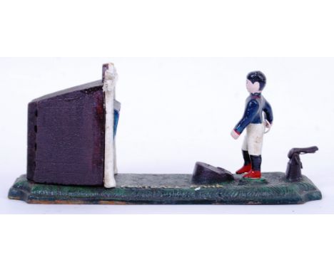 MONEY BOX: A vintage Victorian style 20th century cast iron hand painted automaton style money box in the form of a footballe