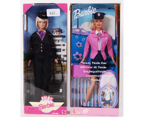 BARBIE: Two 1990's Special Edition Barbies by Mattel ' Travel Train Fun ' and ' Pilot Barbie .' Both mint, in original boxes.