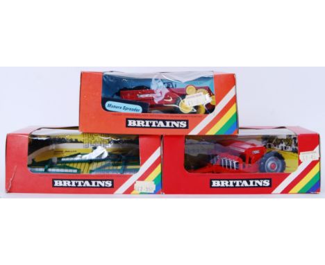 BRITAINS: A collection of 3x vintage Britains Farm Implements diecast models - 9577 Seed Drill, 9540 Manure Spreader, and 955