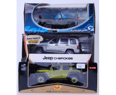 JEEPS: A collection of 3x 1:18 scale diecast model Jeeps - Maisto, Matchbox Collectibles and Solido. Each in original boxes.