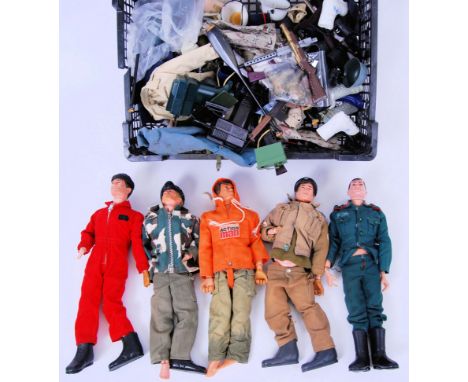 ACTION MAN: A collection of 5x vintage Palitoy Action Man figures, along with a collection of assorted clothing, weapons and 