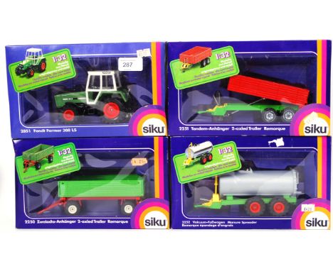 SIKU: A collection of 4x diecast model Siku Tractors and Trailers; 2851, 2251, 2250 and 2252. All mint, within the original b