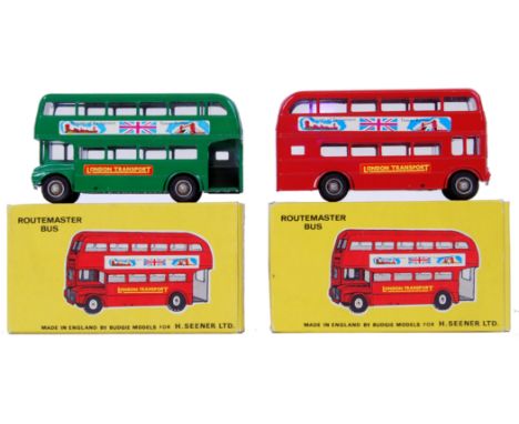 BUDGIE: A pair of ex-shop stock Budgie diecast model Routemaster Buses. One green, one red. Both mint+ condition and appear u