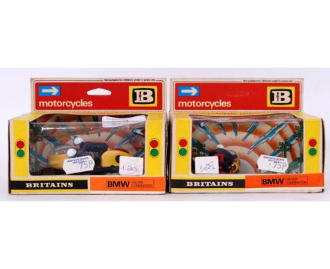 BRITAINS: Two original vintage Britains diecast model motorcycles - 9699 BMW Racing Combination. Both in original boxes.