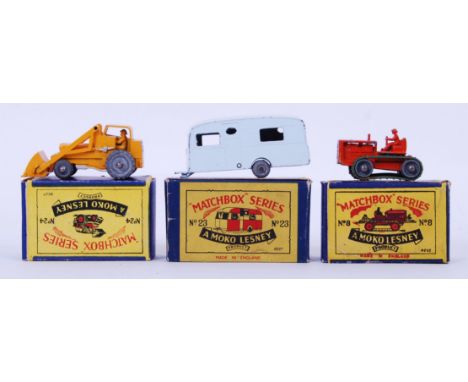 MOKO LESNEY: A collection of 3x vintage Matchbox Moko Lesney diecast models - No. 8 Caterpillar Tractor, No. 23 Berkeley Cava