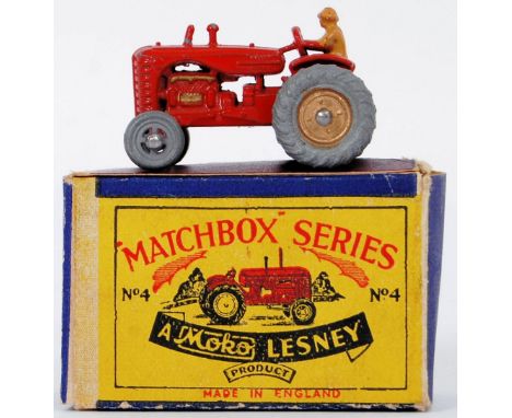 MATCHBOX MOKO LESNEY: A vintage Matchbox Moko Lesney diecast model No. 4 Massey Harris Tractor. Red, with mud guards and gold