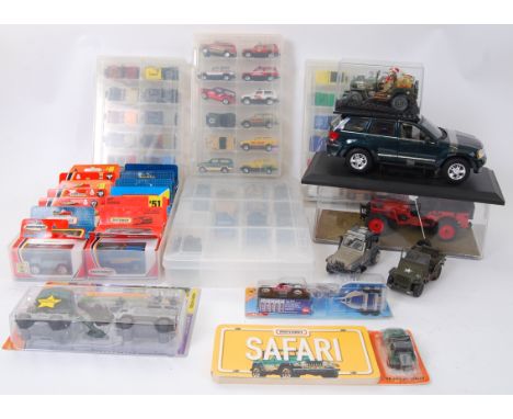 JEEP DIECAST: A collection of assorted boxed and loose Jeep related diecast models. Many being Matchbox, some 1:18 scale, som