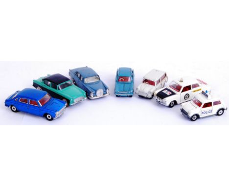 DINKY: A collection of 7x original vintage Dinky diecast model cars - to include; 134 Triumph Vitesse, Ford Cortina, 186 Merc