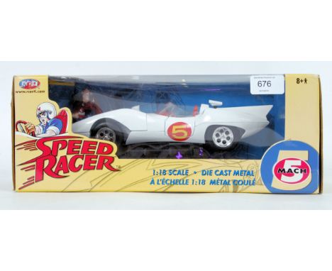 MACH 5: An original Joyride made 1:18 scale boxed diecast Mach 5 model Speed Racer. Unused, mint, within the original display