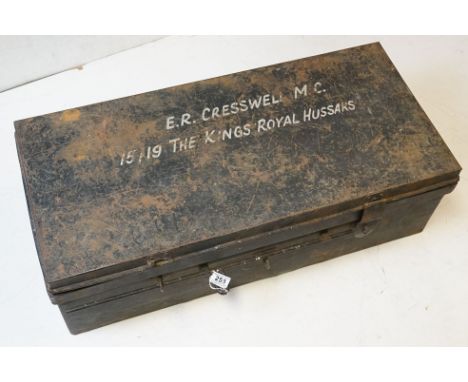 A Vintage Metal Military Storage Trunk Named To E.R. Cresswell M.C. Of The Kings Royal Hussars. 