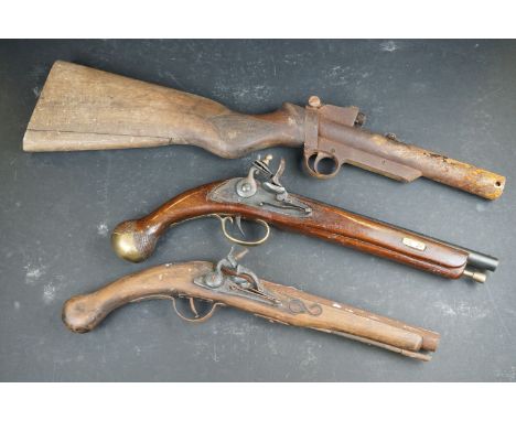 Two Vintage Decorative Non Firing Muzzle Loading Flint Lock Pistols (A/F), Together With A Relic Condition Air Rifle. 