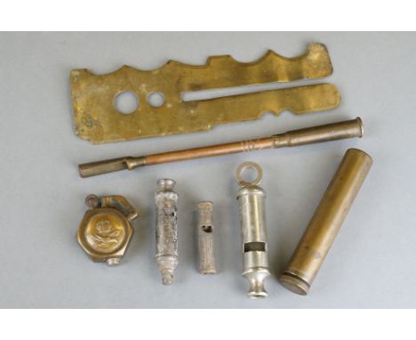A Group Of Military Collectables To Include A Brass Button Polisher, A Brass Gun Oiler, A Collection Of Three Whistles To Inc