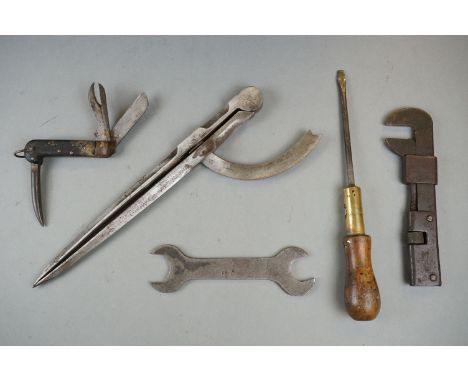 A Small Group Of British Military Issued Tools To Include Adjustable Spanner / Grips, Screwdriver And Dividers And A Flight E