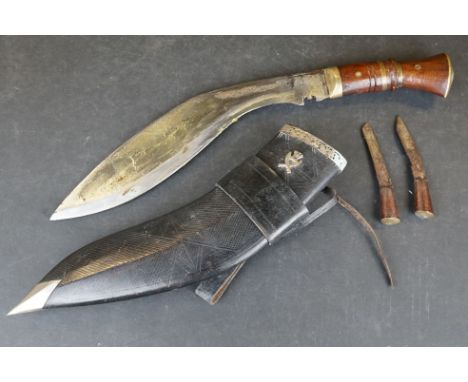 A Full Size Kukri Knife With Both Tools In Original Leather Sheath, Some Decorative Engraving To Blade. 