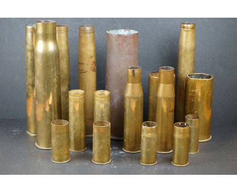A Large Collection Of Approx Sixteen World War One, World War Two And More Modern Brass Artillery Shell Cases To Include Many