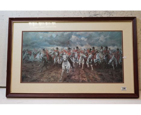 A Large Military Art Print Titled "Scotland Forever" By Lady Elizabeth Butler, The Battle Of Waterloo. Measures Approx 95cm x