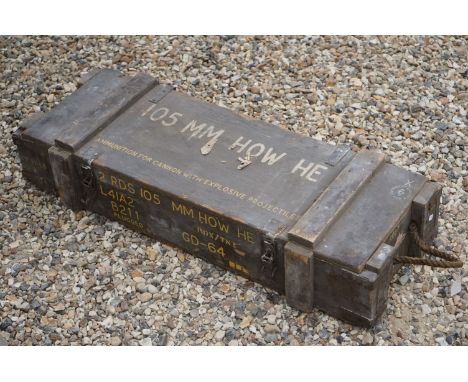 A British Military 105mm Howitzer HE Wooden Ammunition Box, Measures Approx 92cm x 34cm x 20cm. 