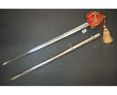 A Scottish Hilt Sword With Decorative Brass Basket With Red Velvet Lining And Original Steel Scabbard. 