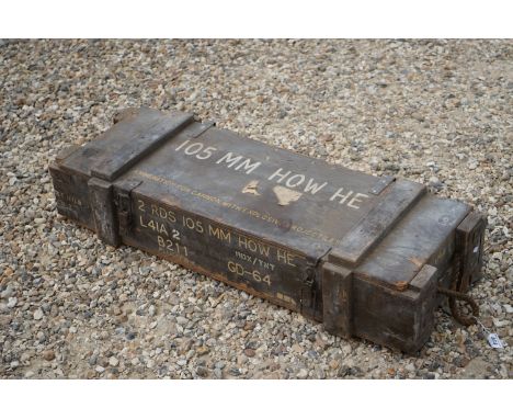 A British Military 105mm Howitzer HE Wooden Ammunition Box, Measures Approx 92cm x 34cm x 20cm. 
