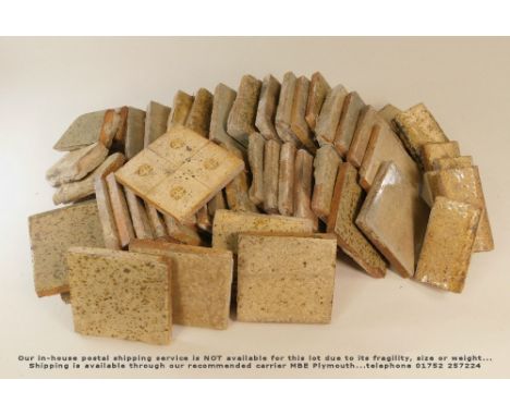 LEACH POTTERY TILES. Forty-nine plain tiles & a quantity of edging tiles. 10 x 10cm. Cement residue to some. Provenance: Resc