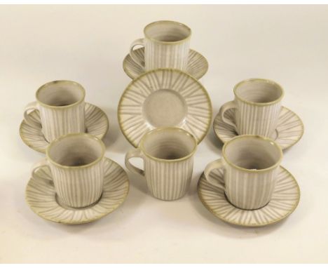 YELLAND POTTERY. Set of six Michael Leach coffee cups &amp; saucers. Impressed 'Y' Pottery mark.