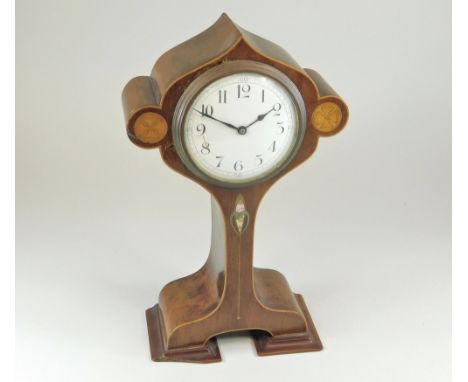 ARTS & CRAFTS. An Arts & Crafts mahogany clock, with metal, abalone & wood inlay. Height 28cm. (Front corner missing).Please 