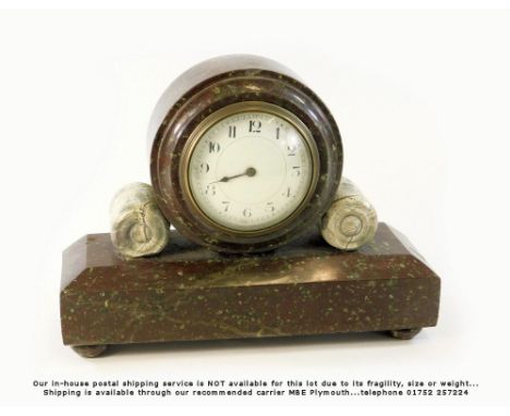 CORNISH SERPENTINE. A red &amp; grey Cornish serpentine mantle clock. Width 17.5cm, height 21cm. Please note: Our in-house po
