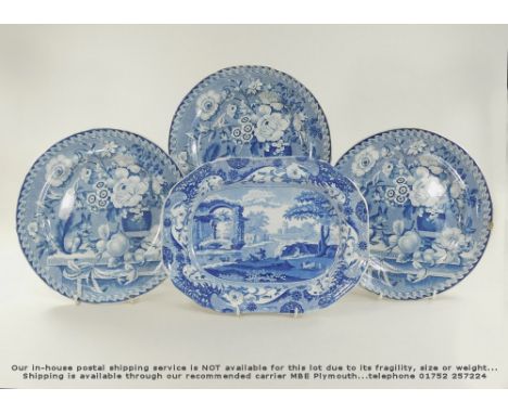 BLUE & WHITE. Three early 19th century, blue & white transfer printed plates in a variation of the Flora pattern, with the ad